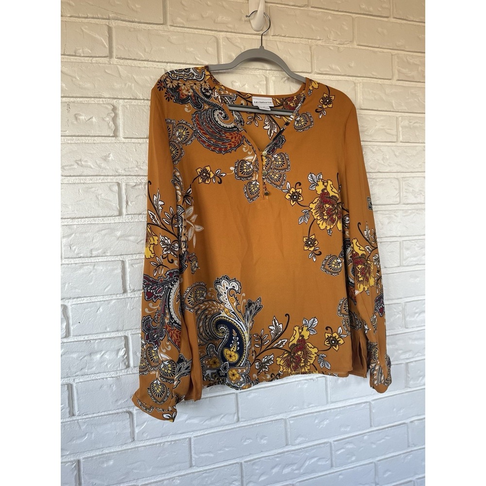 Liz Claiborne Mustard Paisley‎ Boho Blouse Flowy Long Sleeve Cottagecore Top M - Picture 5 of 10